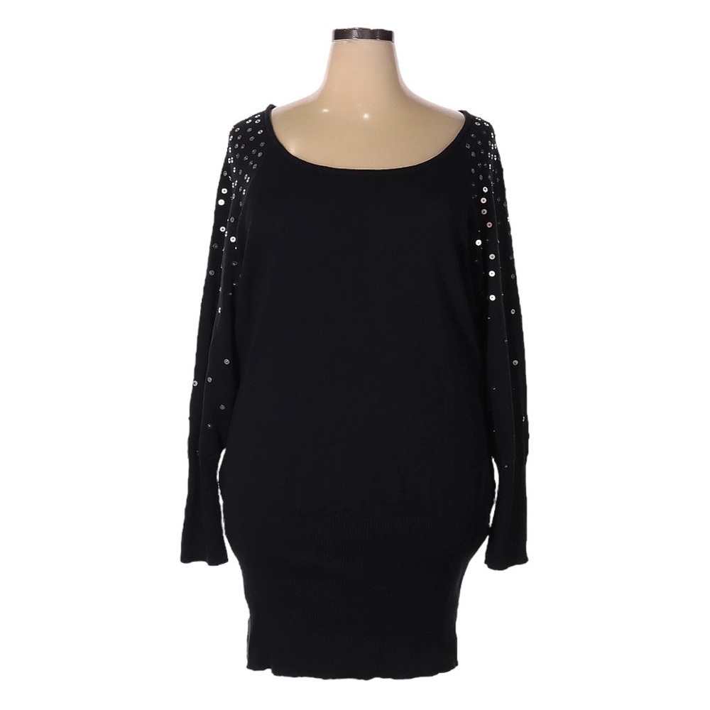 Anna Scholz Black Sweater Dress 22 Sequin Stretch Knit Scoop Neck Plus Size